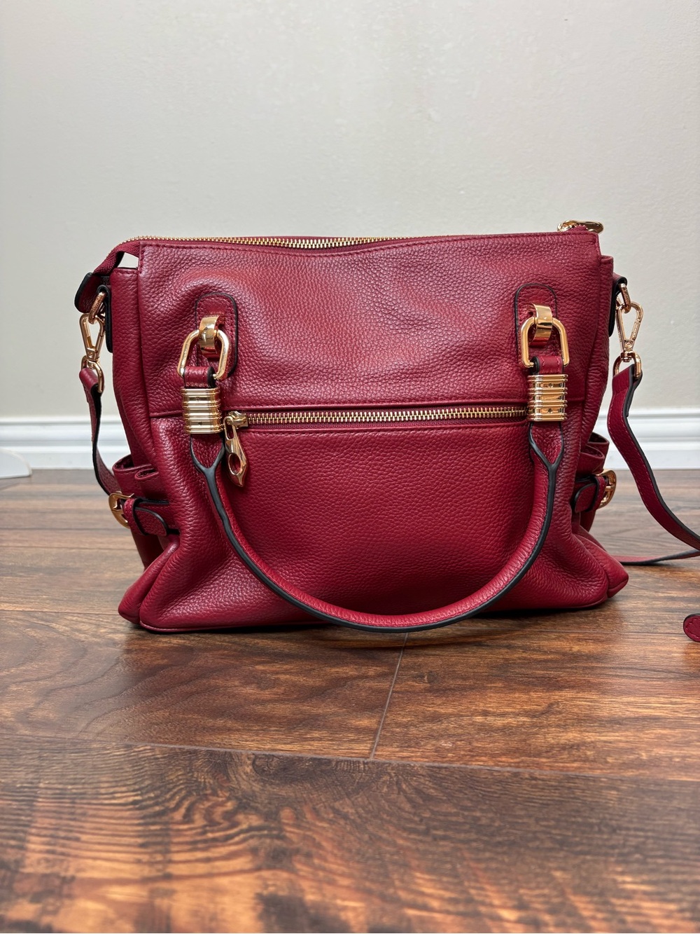 Kattee Burgundy Cowhide Leather Satchel Shoulder Bag Convertible Tote